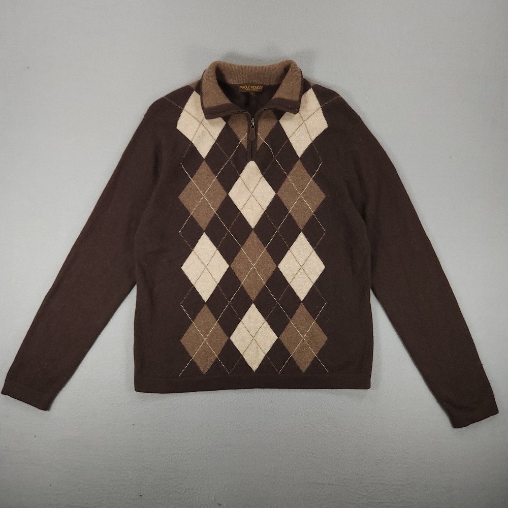 VTG Paolo Mondo Cashmere Quarter Zip Argyle Sweater Medium Brown Outdoors Mens